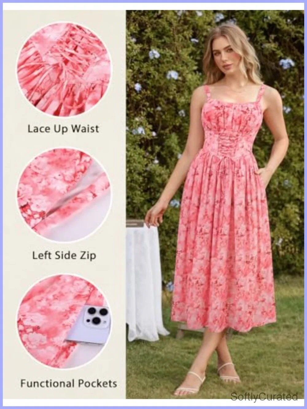 Sleeveless Lace Up Corset Waist Floral Maxi Dress with Pockets